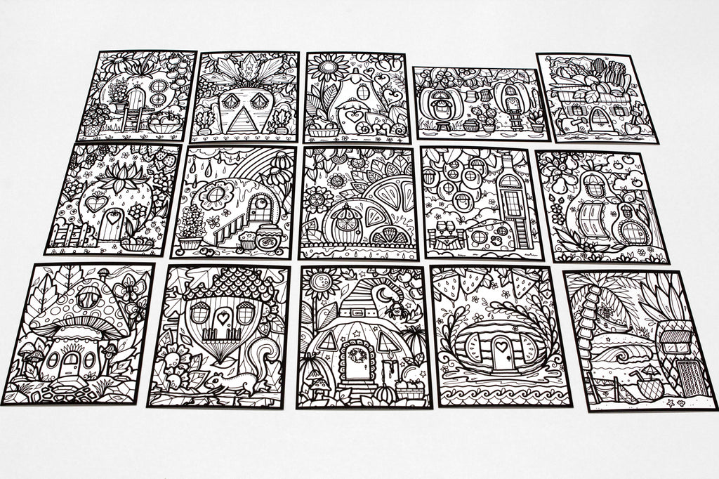 Sachet #51 Maisons du jardin, inclus 15 dessins à colorier, imprimés sur carton, format 4x5 pouces