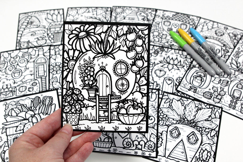 Sachet #51 Maisons du jardin, inclus 15 dessins à colorier, imprimés sur carton, format 4x5 pouces