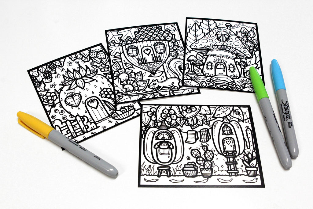 Sachet #51 Maisons du jardin, inclus 15 dessins à colorier, imprimés sur carton, format 4x5 pouces