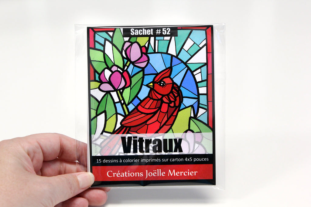 Sachet #52 Vitraux, inclus 15 dessins à colorier, imprimés sur carton, format 4x5 pouces