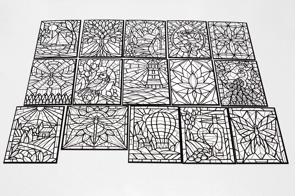 Sachet #52 Vitraux, inclus 15 dessins à colorier, imprimés sur carton, format 4x5 pouces