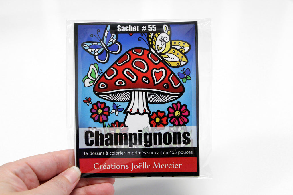 Sachet #55 Champignons, inclus 15 dessins à colorier, imprimés sur carton, format 4x5 pouces