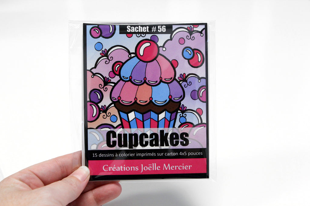 Sachet #56 Cupcakes, inclus 15 dessins à colorier, imprimés sur carton, format 4x5 pouces