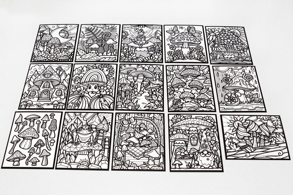 Sachet #55 Champignons, inclus 15 dessins à colorier, imprimés sur carton, format 4x5 pouces