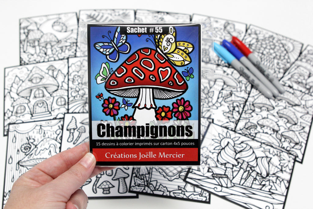 Sachet #55 Champignons, inclus 15 dessins à colorier, imprimés sur carton, format 4x5 pouces