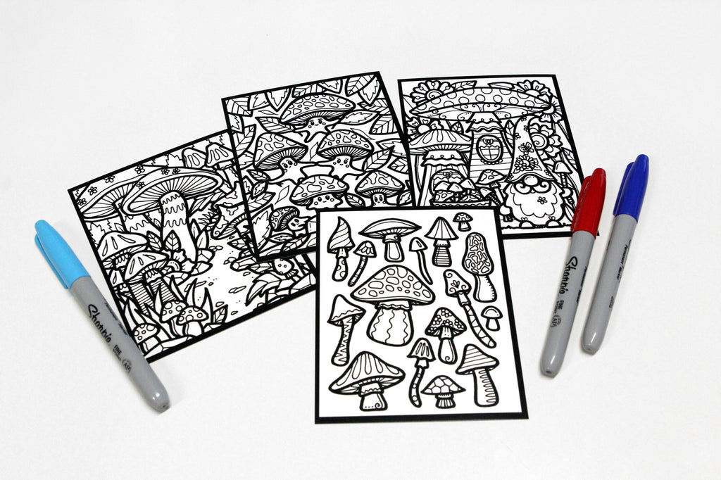 Sachet #55 Champignons, inclus 15 dessins à colorier, imprimés sur carton, format 4x5 pouces