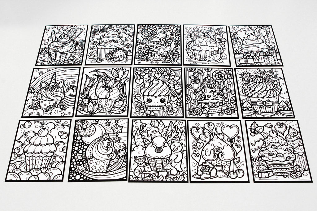 Sachet #56 Cupcakes, inclus 15 dessins à colorier, imprimés sur carton, format 4x5 pouces