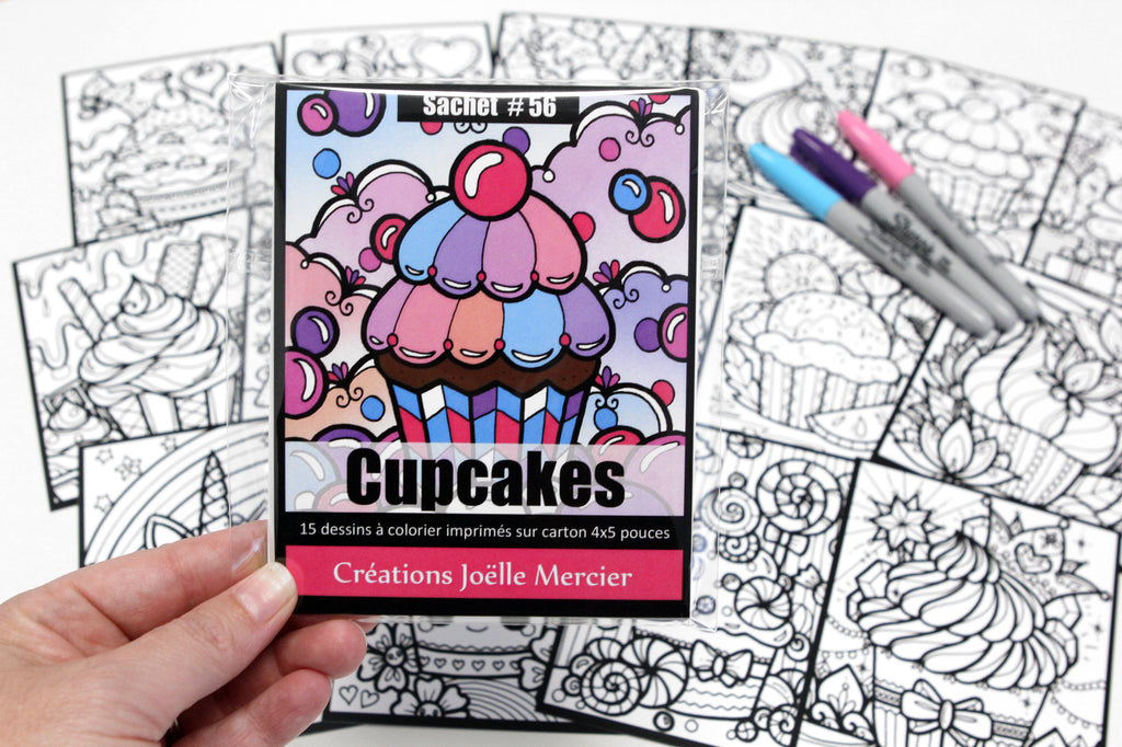 Sachet #56 Cupcakes, inclus 15 dessins à colorier, imprimés sur carton, format 4x5 pouces