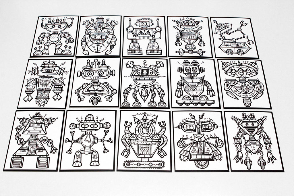 Sachet #57 Robots, inclus 15 dessins à colorier, imprimés sur carton, format 4x5 pouces