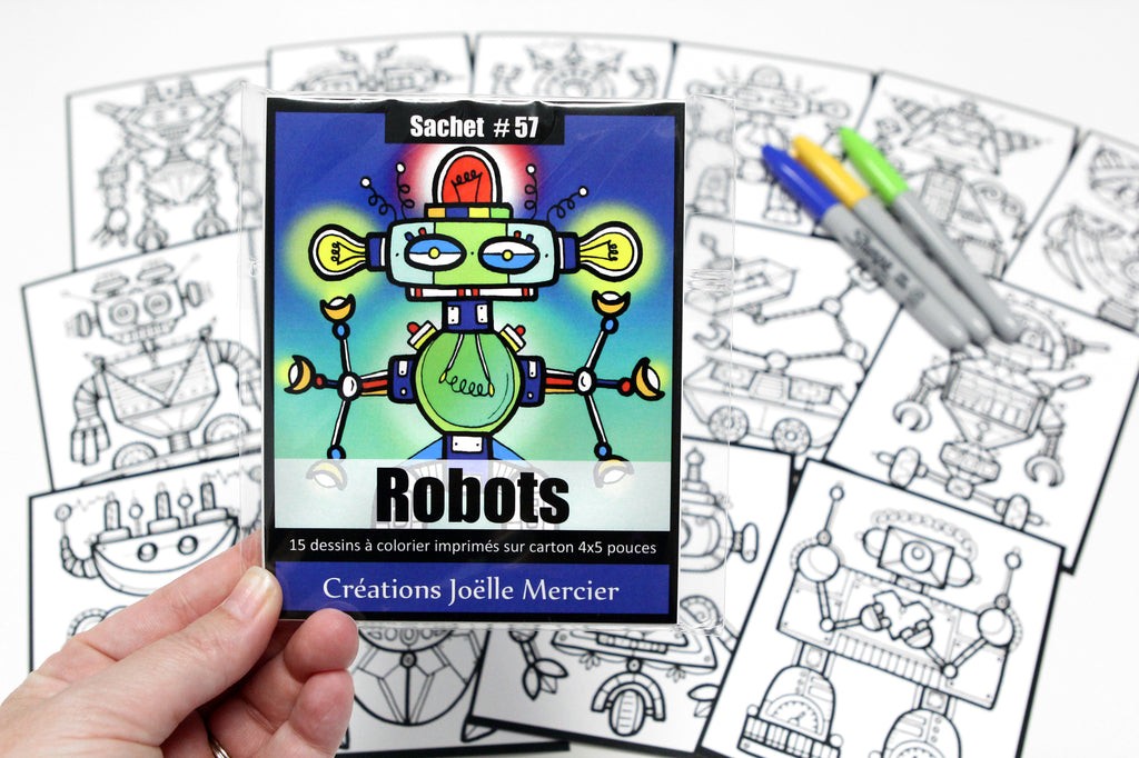 Sachet #57 Robots, inclus 15 dessins à colorier, imprimés sur carton, format 4x5 pouces