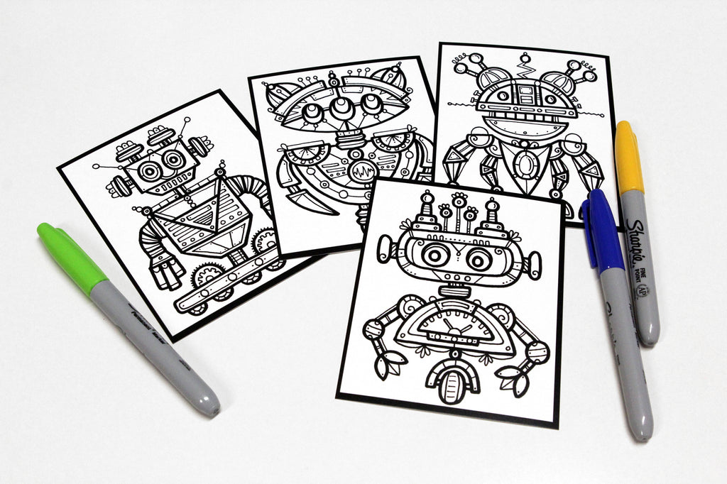 Sachet #57 Robots, inclus 15 dessins à colorier, imprimés sur carton, format 4x5 pouces