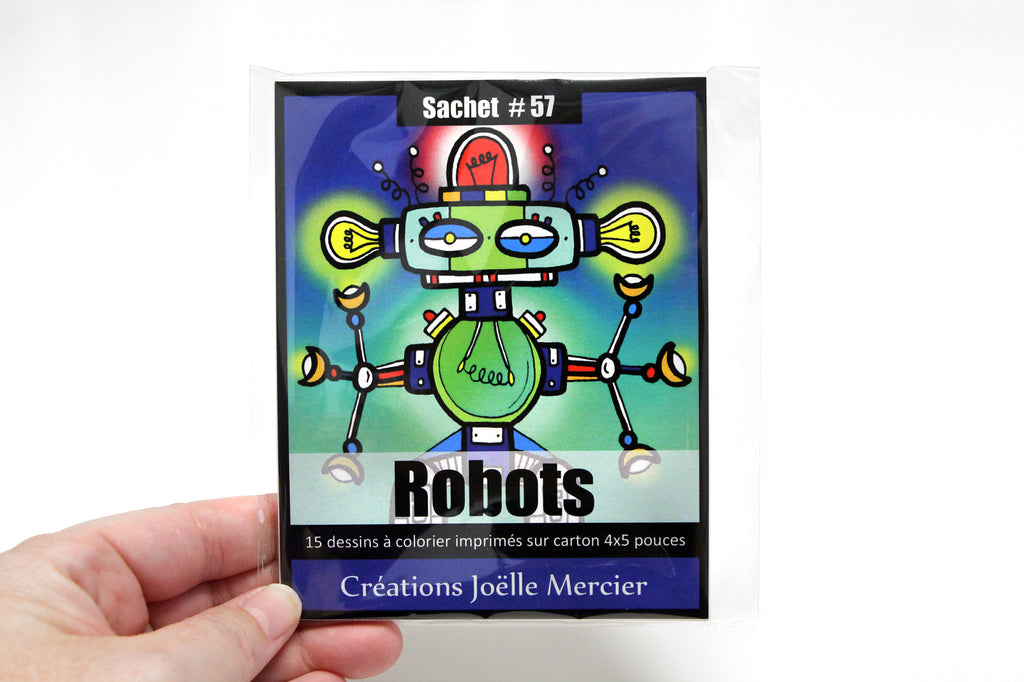 Sachet #57 Robots, inclus 15 dessins à colorier, imprimés sur carton, format 4x5 pouces