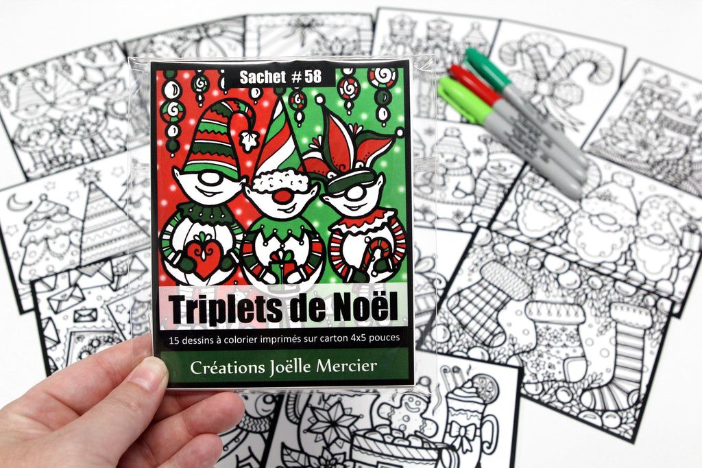 Sachet #58 Triplets de Noël, inclus 15 dessins à colorier, imprimés sur carton, format 4x5 pouces