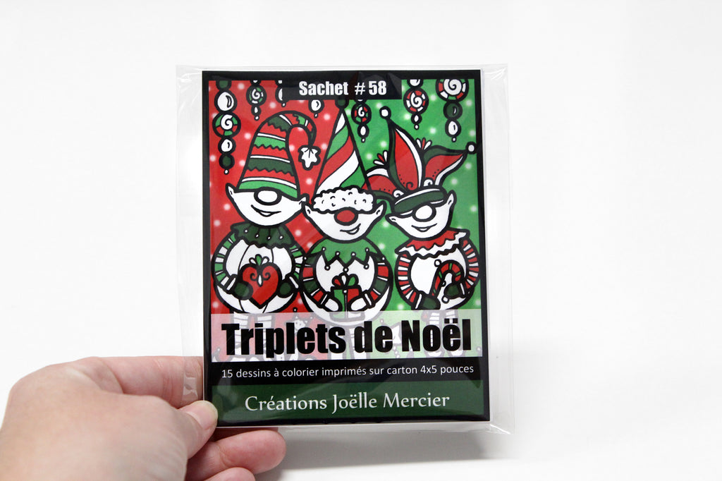 Sachet #58 Triplets de Noël, inclus 15 dessins à colorier, imprimés sur carton, format 4x5 pouces