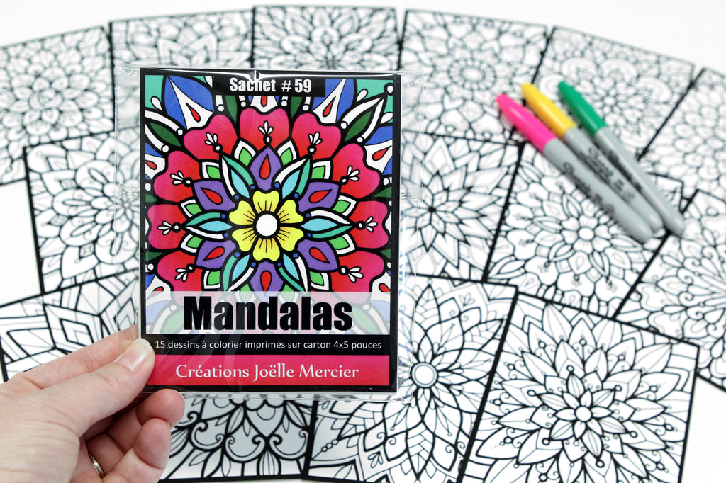 Sachet #59 Mandalas, inclus 15 dessins à colorier, imprimés sur carton, format 4x5 pouces