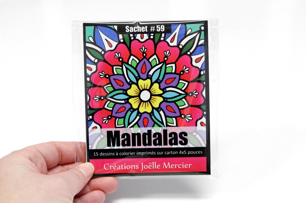 Sachet #59 Mandalas, inclus 15 dessins à colorier, imprimés sur carton, format 4x5 pouces