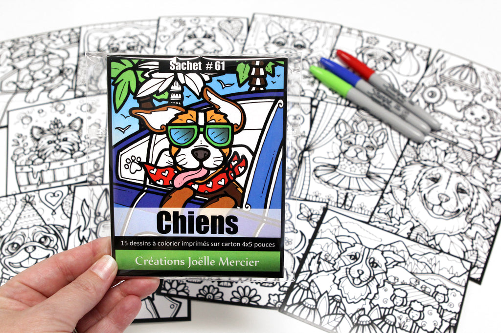 Sachet #61 Chiens, inclus 15 dessins à colorier, imprimés sur carton, format 4x5 pouces