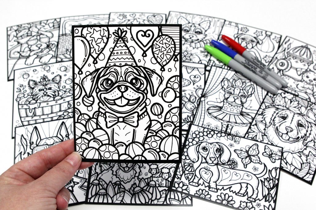 Sachet #61 Chiens, inclus 15 dessins à colorier, imprimés sur carton, format 4x5 pouces