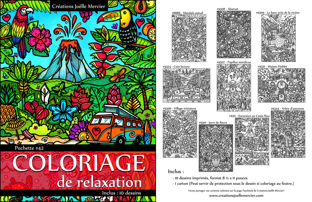 Pochette #42 - 10 dessins - Coloriage de relaxation - Nature, fleurs, maisons, westfalia...