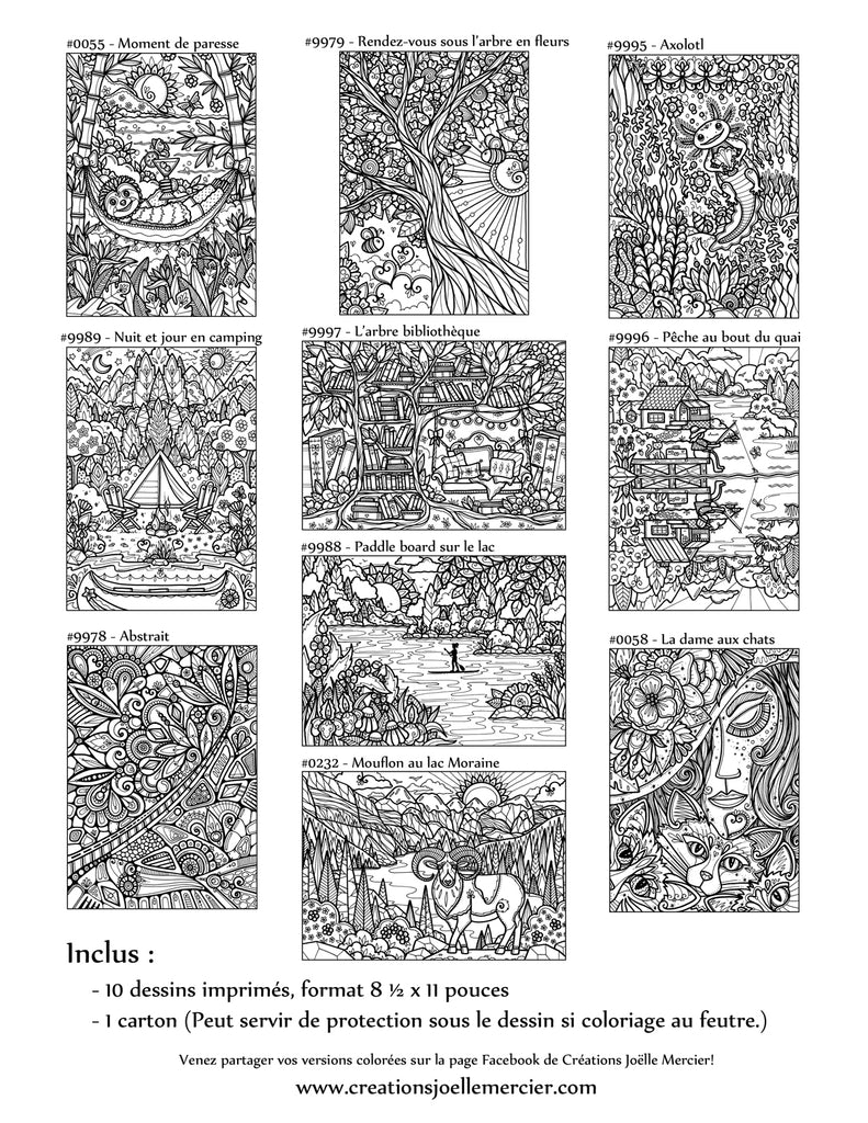 Pochette #47 - 10 dessins - Coloriage de relaxation - Nature, animaux, bibliothèque...