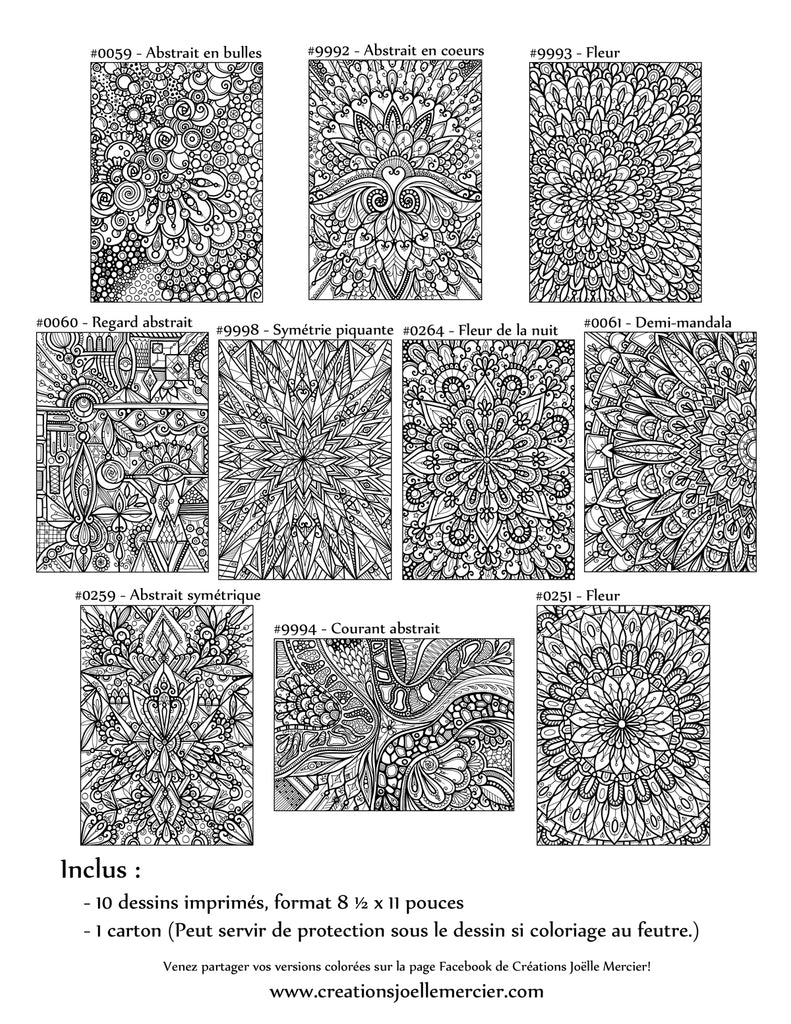 Pochette #48 - 10 dessins - Coloriage de relaxation - Abstrait, mandala, symétrie