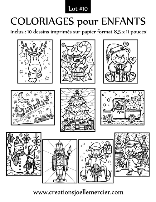 Lot #10 composé de 10 dessins à colorier pour enfants, format 8,5x11 pouces