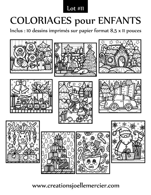 Lot #11 composé de 10 dessins à colorier pour enfants, format 8,5x11 pouces