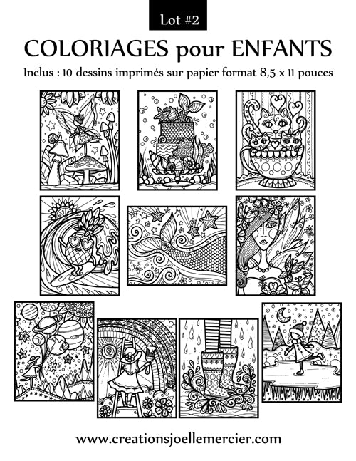 Lot #2 composé de 10 dessins à colorier pour enfants, format 8,5x11 pouces