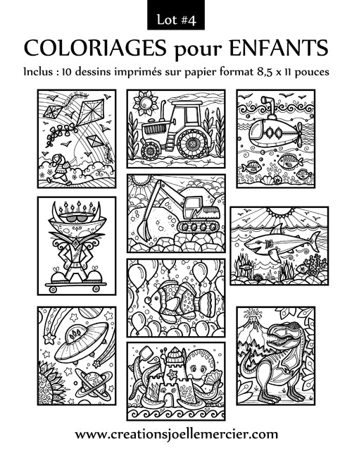 Lot #4 composé de 10 dessins à colorier pour enfants, format 8,5x11 pouces