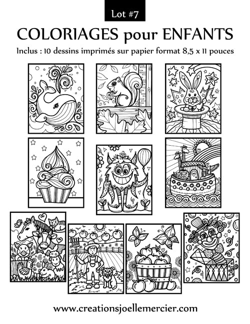 Lot #7 composé de 10 dessins à colorier pour enfants, format 8,5x11 pouces