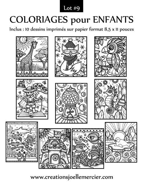 Lot #9 composé de 10 dessins à colorier pour enfants, format 8,5x11 pouces