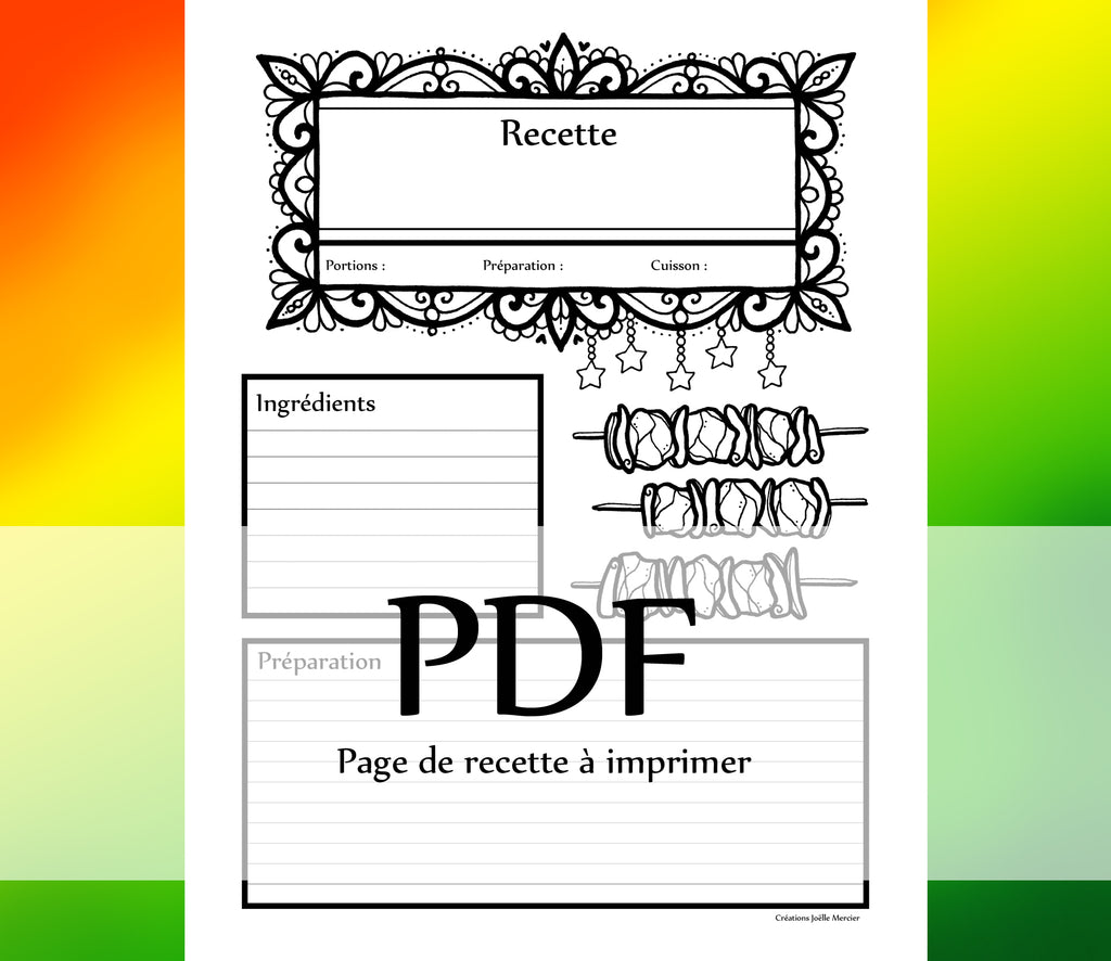 Page Recette - BROCHETTES, marinade - Téléchargement instantané - PDF à imprimer