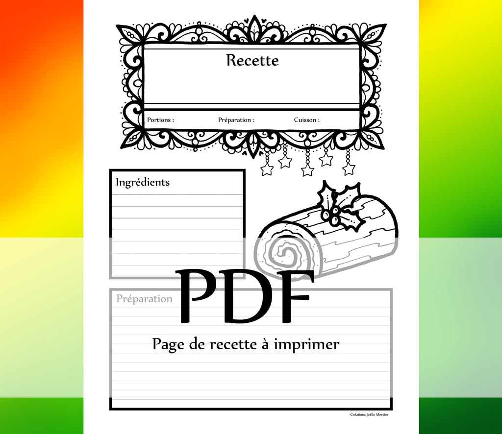 Page Recette - BÛCHE DE NOËL - Téléchargement instantané - PDF à imprimer