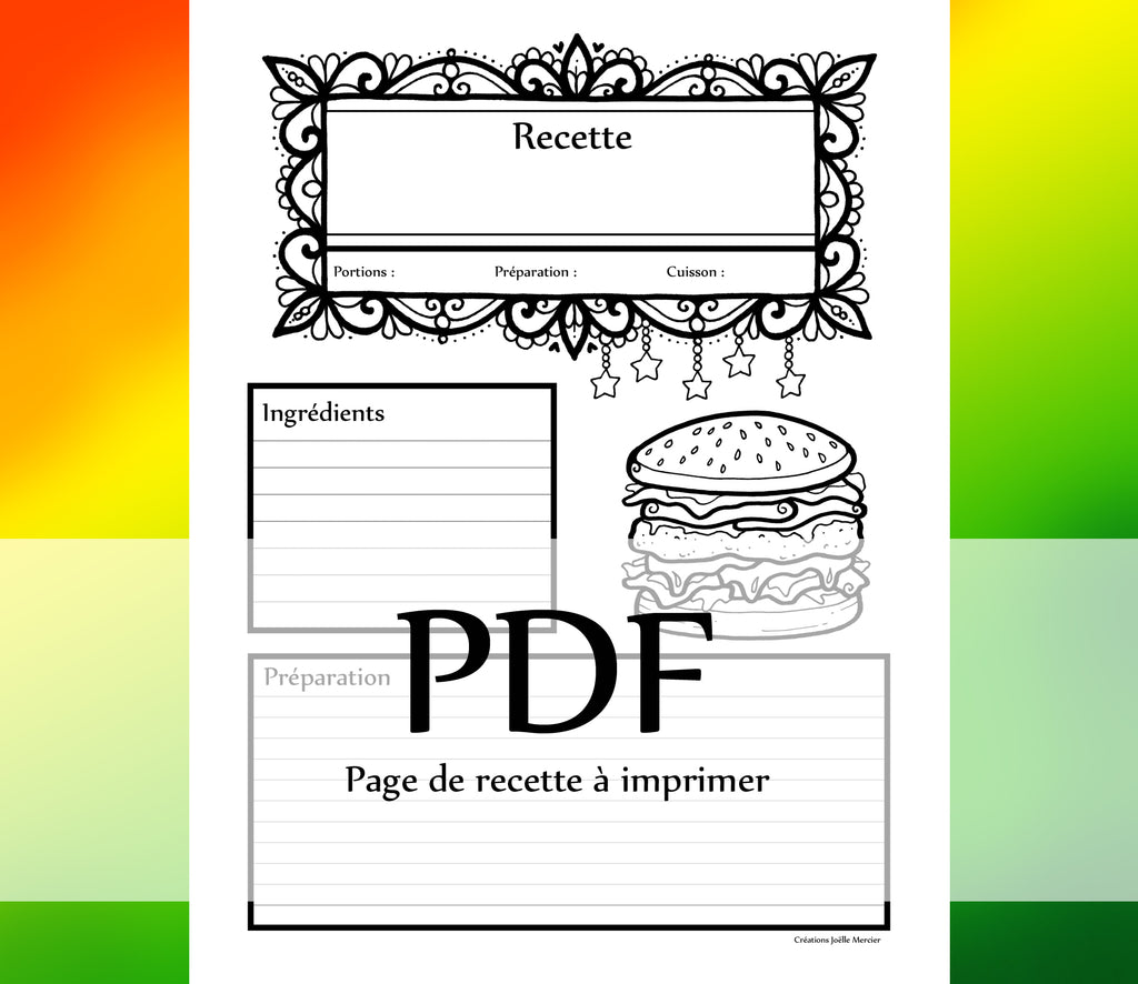Page Recette - BURGER, hamburger - Téléchargement instantané - PDF à imprimer
