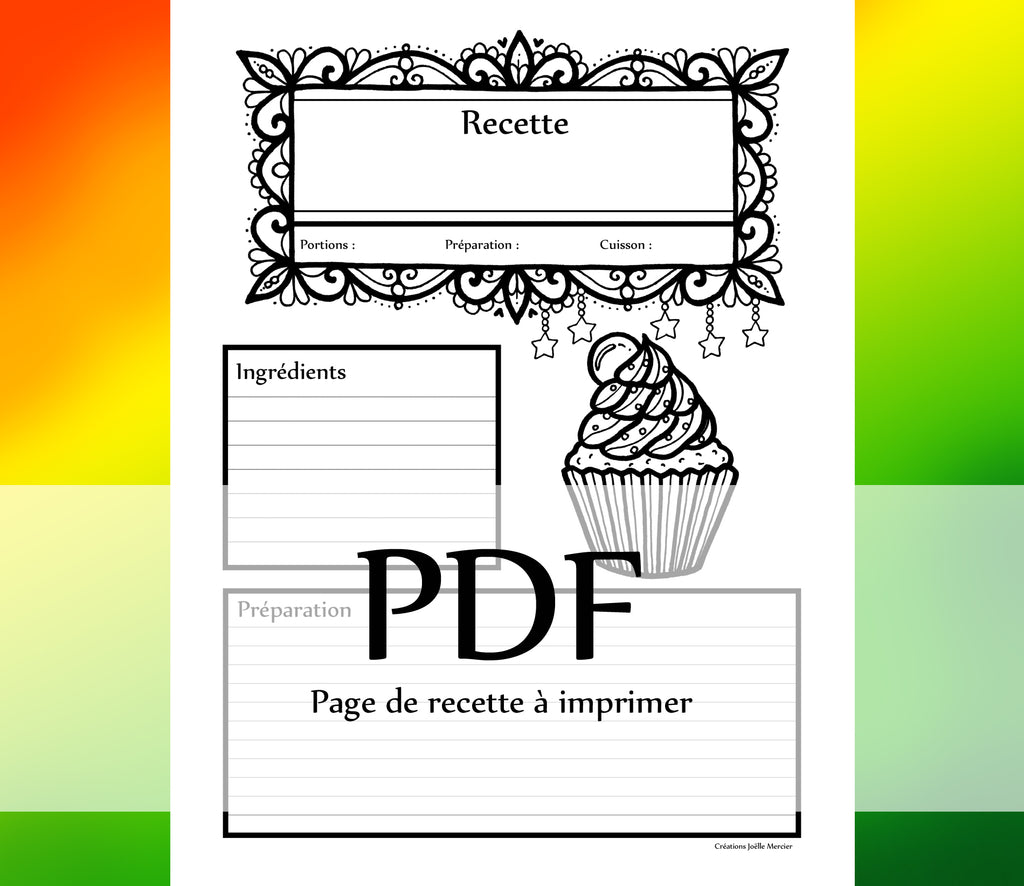 Page Recette - CUPCAKE - Téléchargement instantané - PDF à imprimer