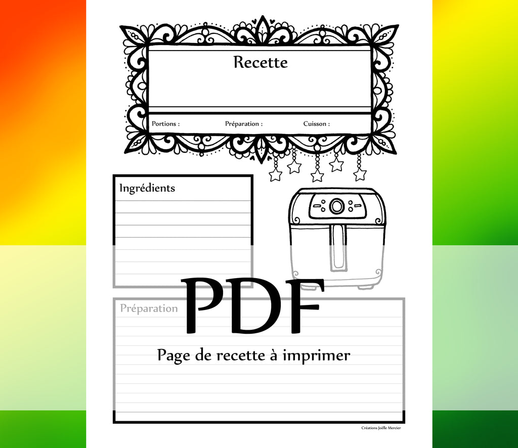 Page Recette - FRITEUSE À AIR - Téléchargement instantané - PDF à imprimer