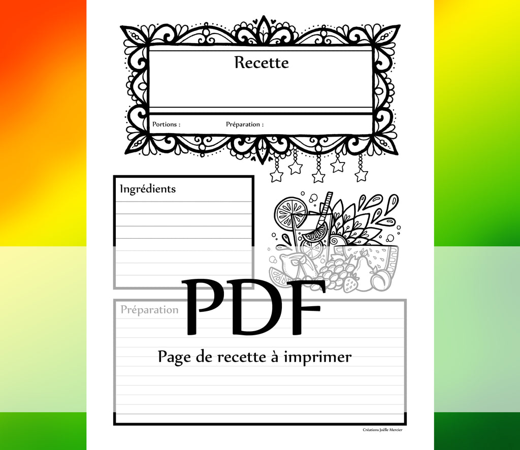 Page Recette - JUS, smoothie - Téléchargement instantané - PDF à imprimer