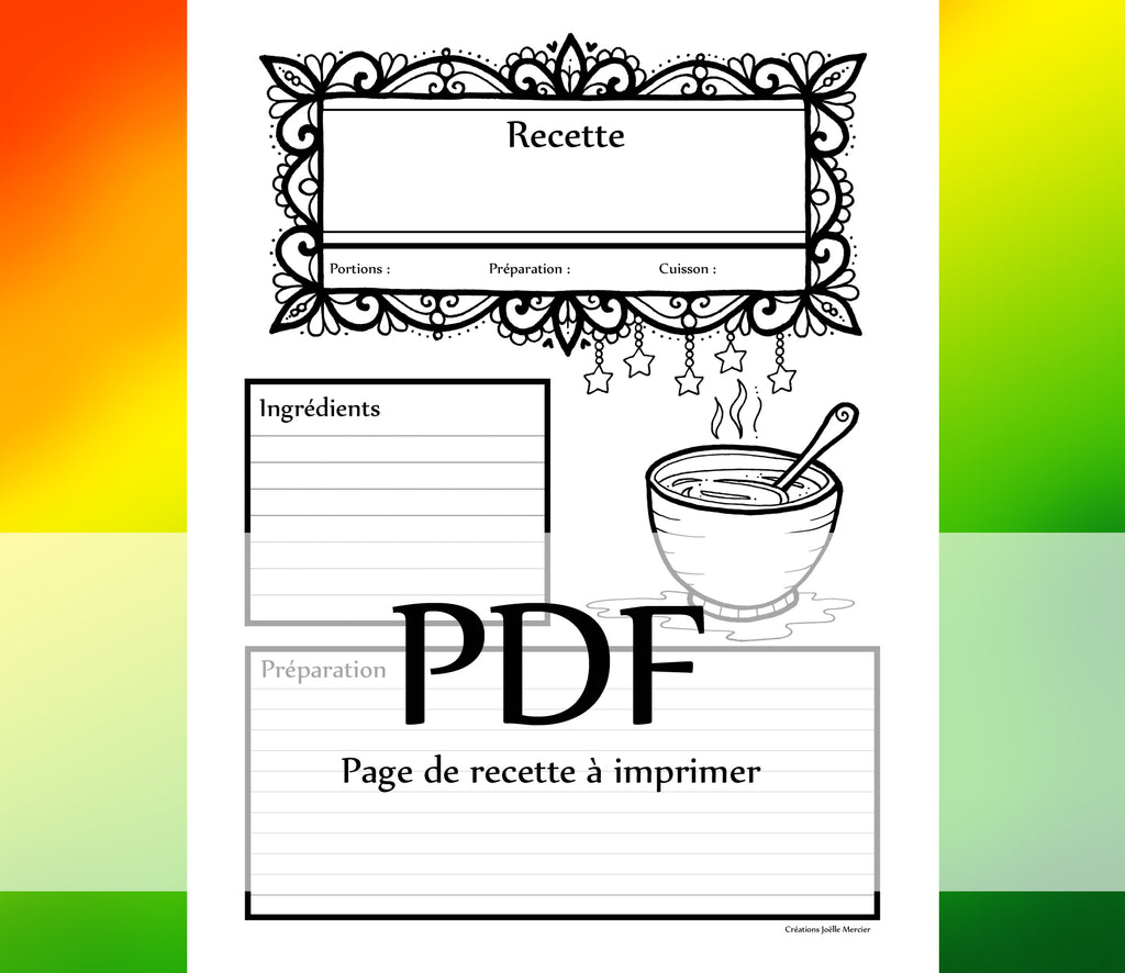 Page Recette - SOUPE, potage, crème - Téléchargement instantané - PDF à imprimer