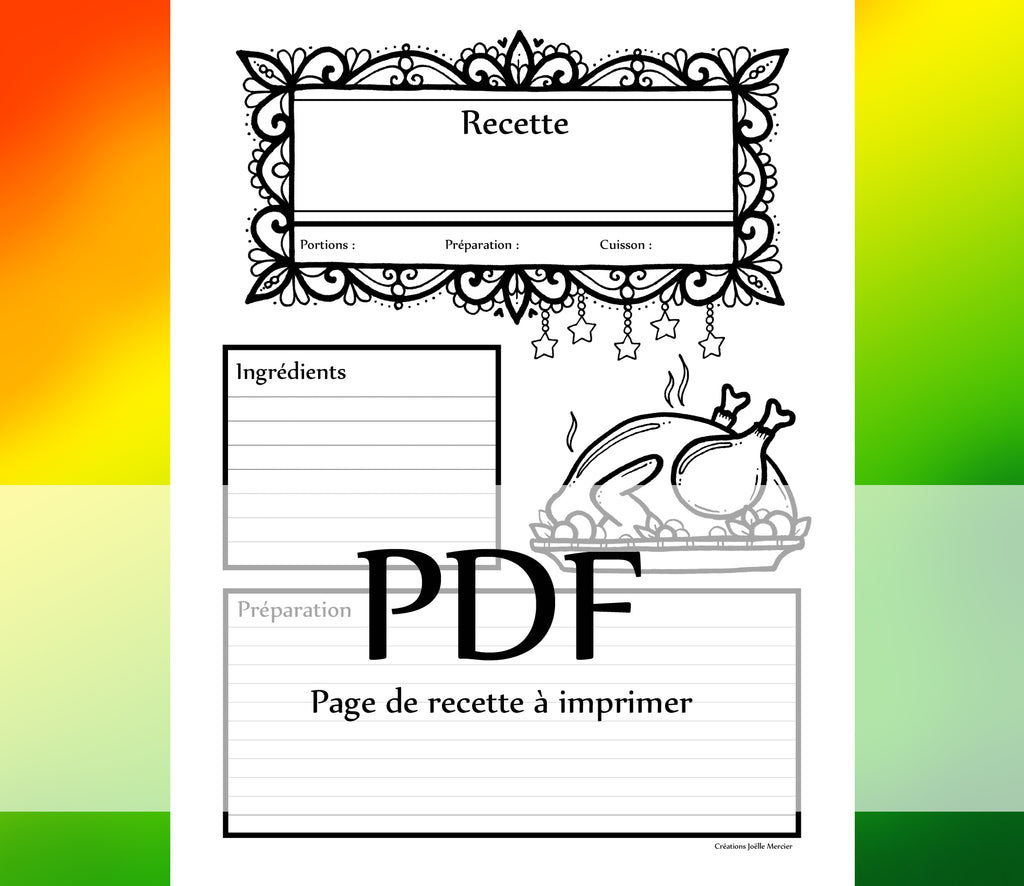 Page Recette - VOLAILLE, dinde, poulet - Téléchargement instantané - PDF à imprimer