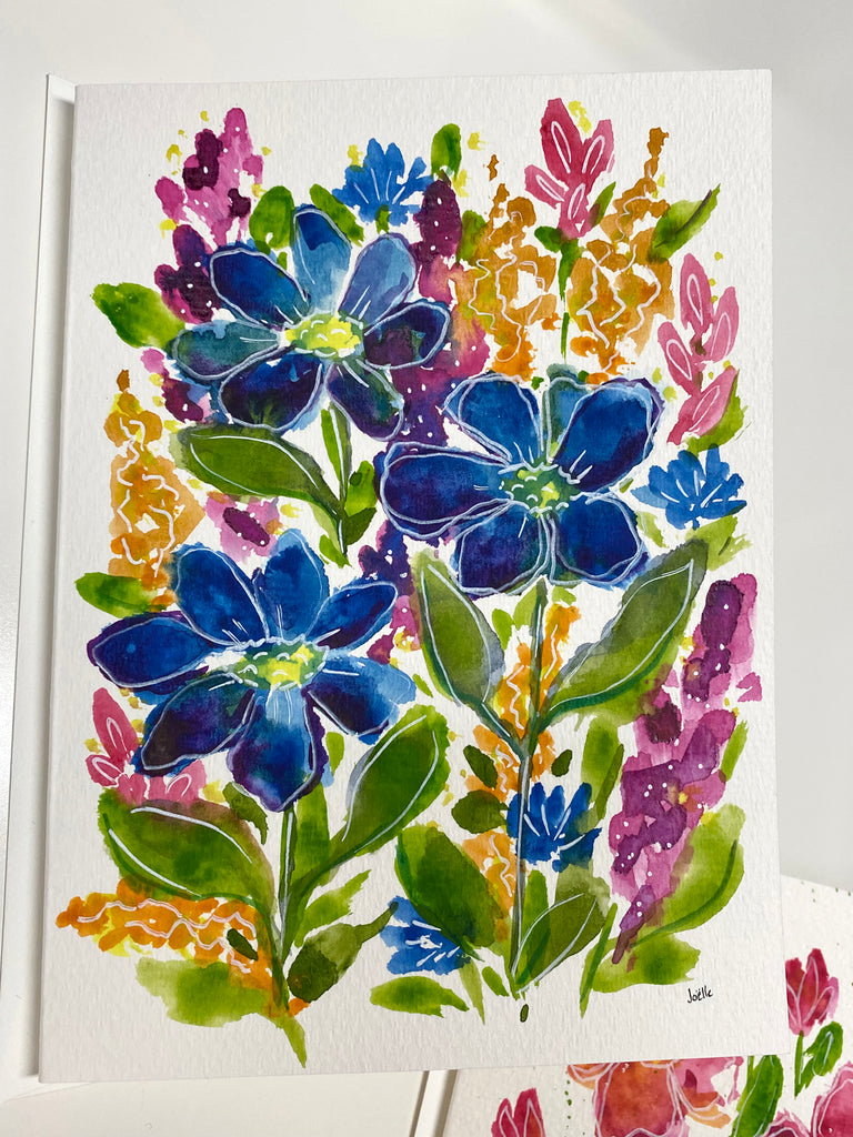 Carte à l'aquarelle originale #001 Fleurs bleues