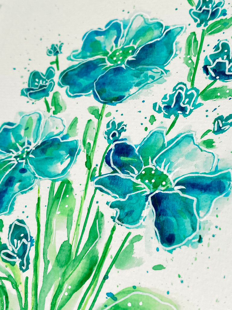 Carte à l'aquarelle originale #006 Fleurs bleue-aqua