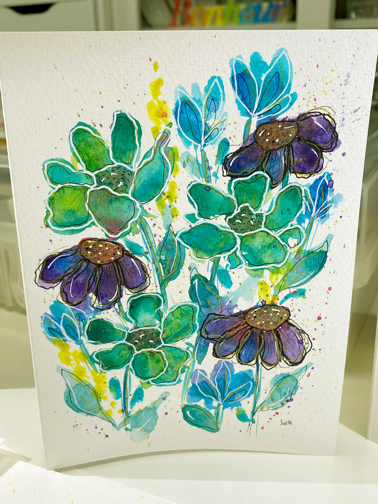Carte à l'aquarelle originale #008 Fleurs vert-aqua et bleu-mauve