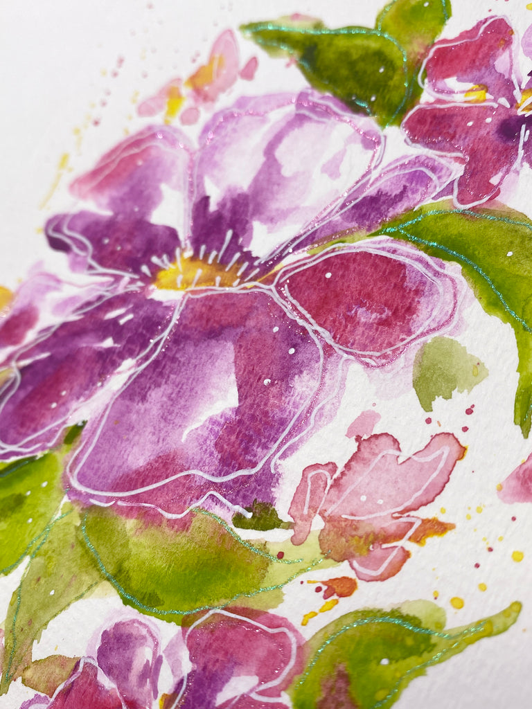 Carte à l'aquarelle originale #012 Fleurs roses-lilas