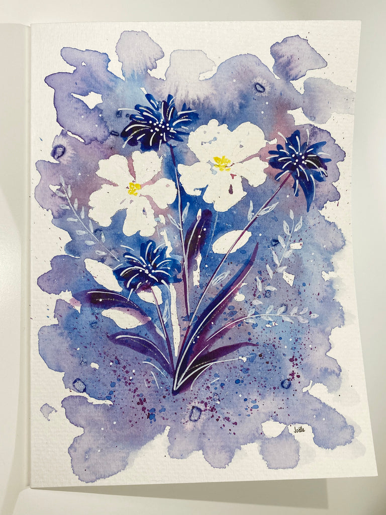 Carte à l'aquarelle originale #024 Fleurs blanches, bleu et mauve