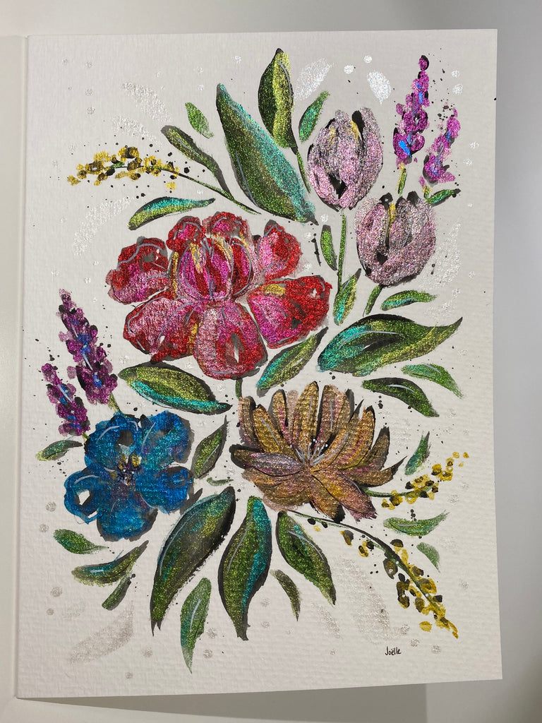 Carte à l'aquarelle originale #025 Fleurs multicolores miroitantes
