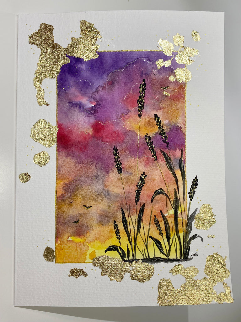 Carte à l'aquarelle originale #026 Coucher de soleil et blés, avec ajout de feuilles d'or