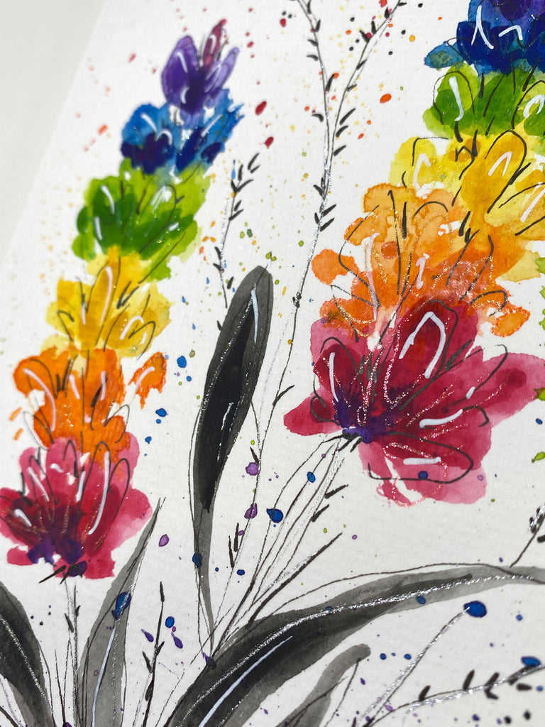Carte à l'aquarelle originale #028 Fleurs arc-en-ciel, multicolore
