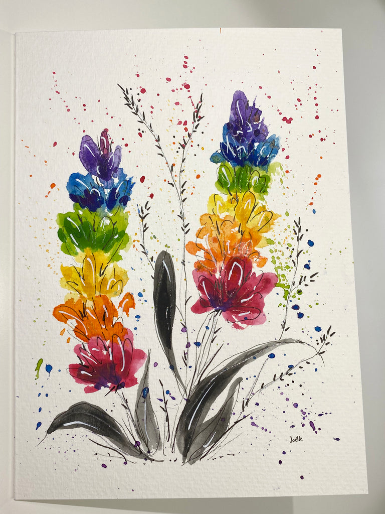Carte à l'aquarelle originale #028 Fleurs arc-en-ciel, multicolore