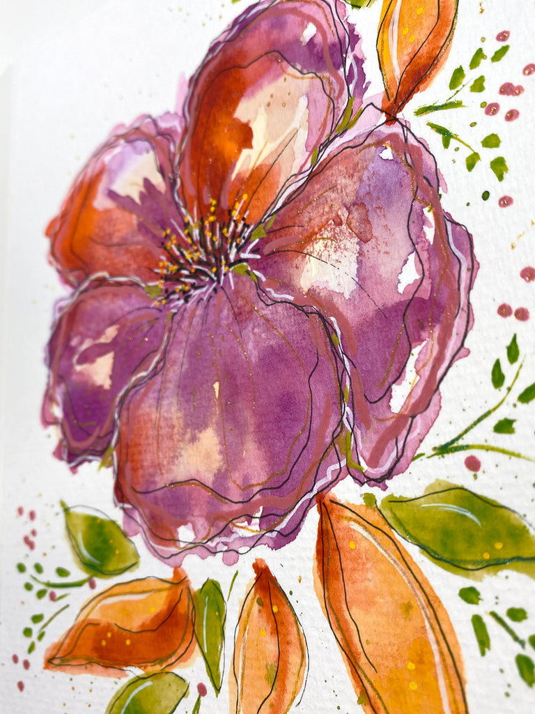 Carte à l'aquarelle originale #029 Fleur rose-orangé