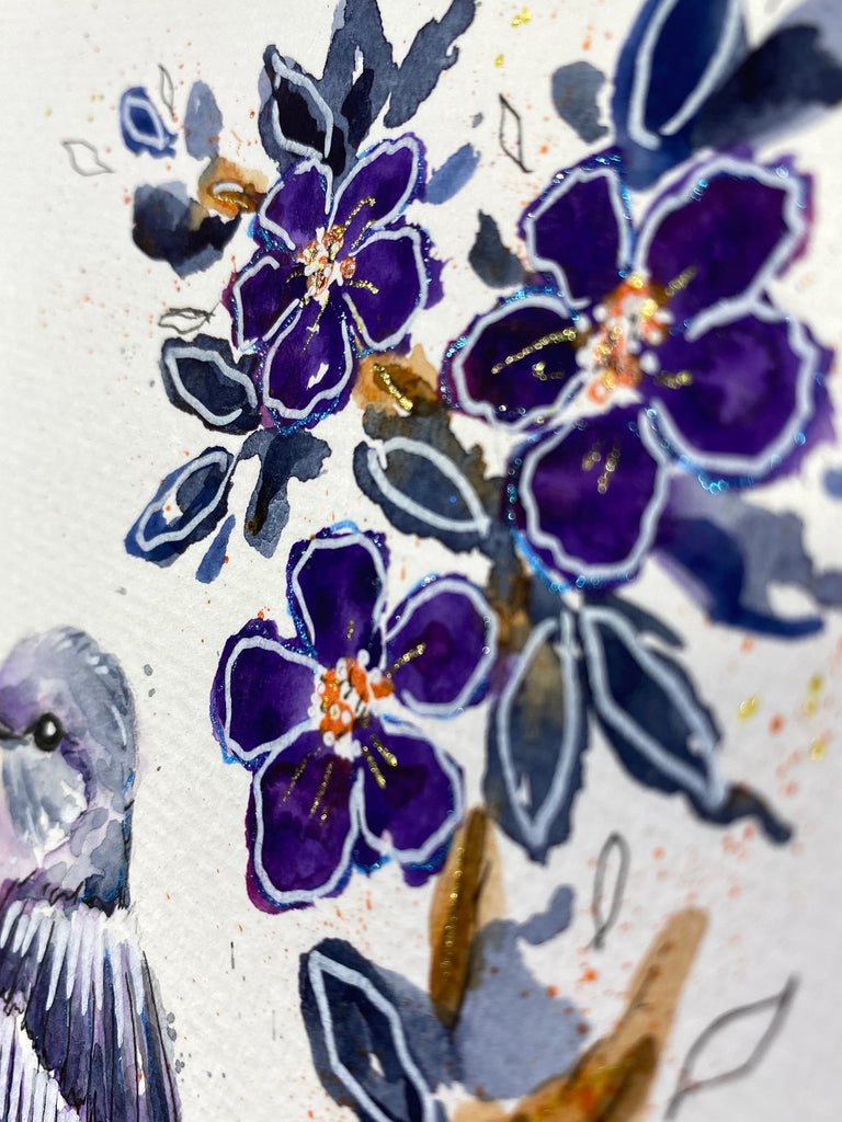 Carte à l'aquarelle originale #032 Oiseau à gorge orangée et fleurs violettes